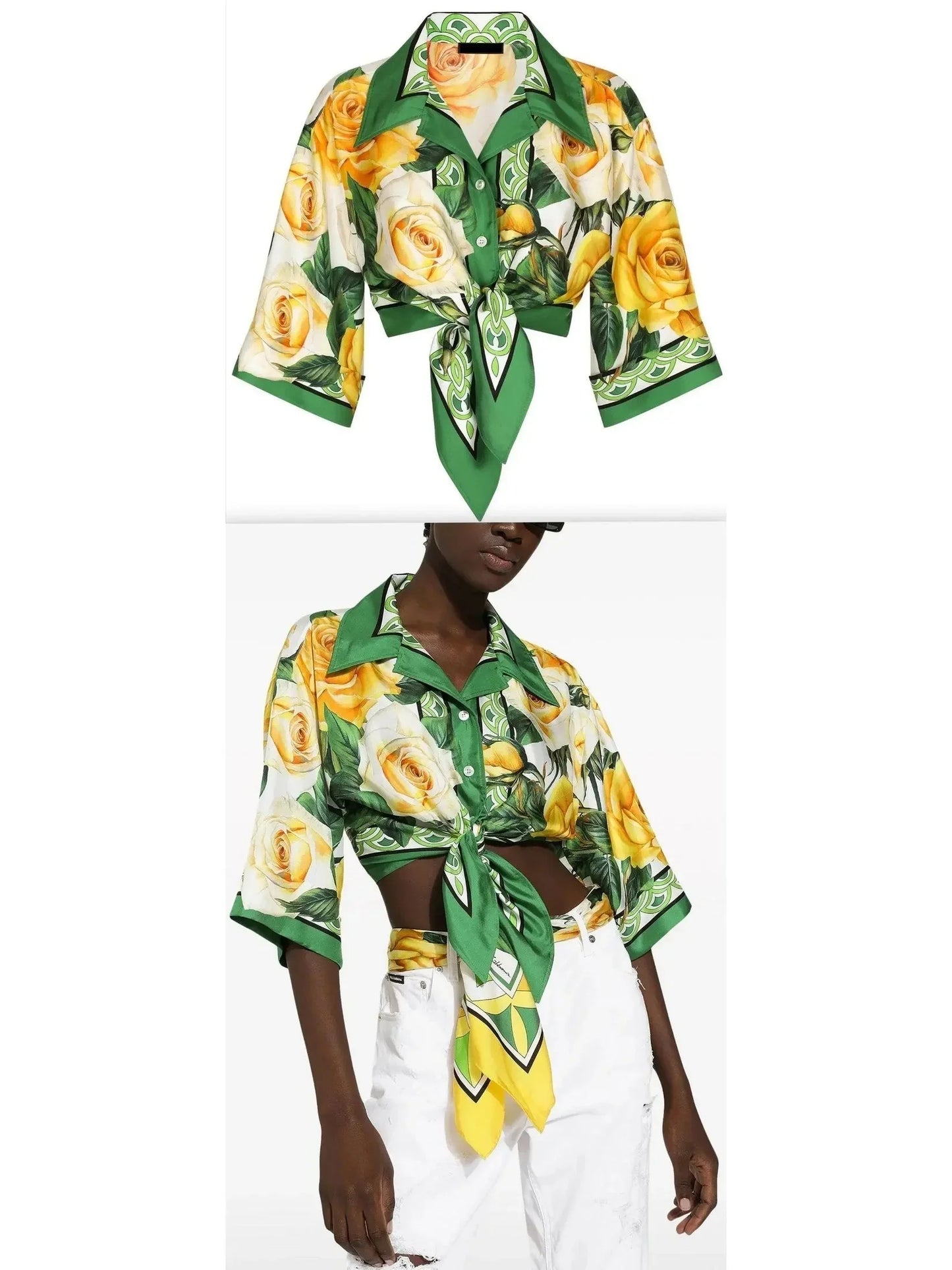 Cropped Yellow-Rose-Print Silk Shirt - Tops