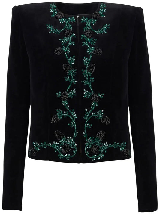Crystal and Beaded Berry Embellished Velvet Jacket - Jackets