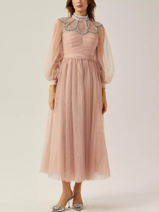 Crystal and Pearl Embellished Gathered Mesh Dress in Pink - Dresses