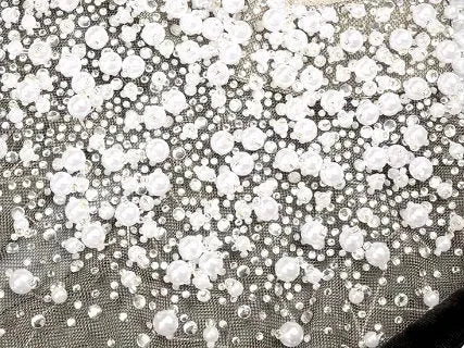 Crystal and Pearl-Embellished Long Black Velvet and Mesh Gown - Dresses