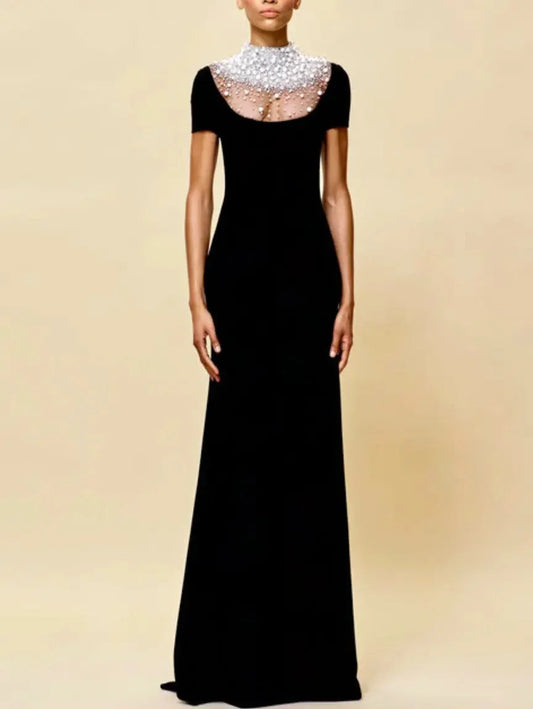 Crystal and Pearl-Embellished Long Black Velvet and Mesh Gown - Dresses