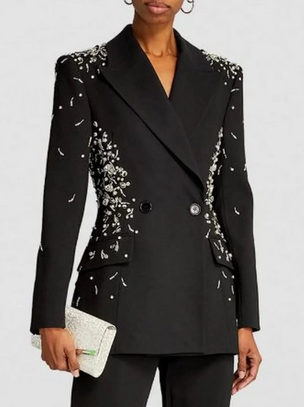 Crystal and Sequin-Embellished Double-Breasted Black Blazer - Jackets
