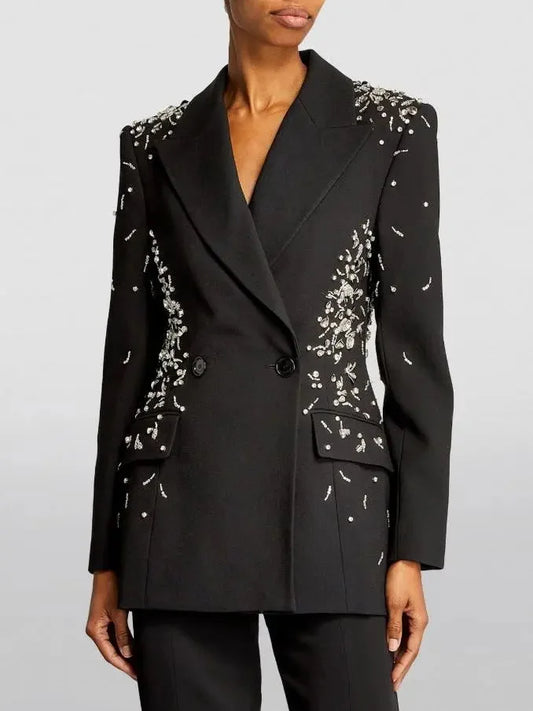 Crystal and Sequin-Embellished Double-Breasted Black Blazer - Jackets