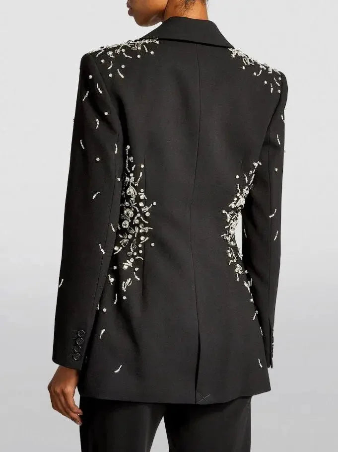 Crystal and Sequin-Embellished Double-Breasted Black Blazer - Jackets