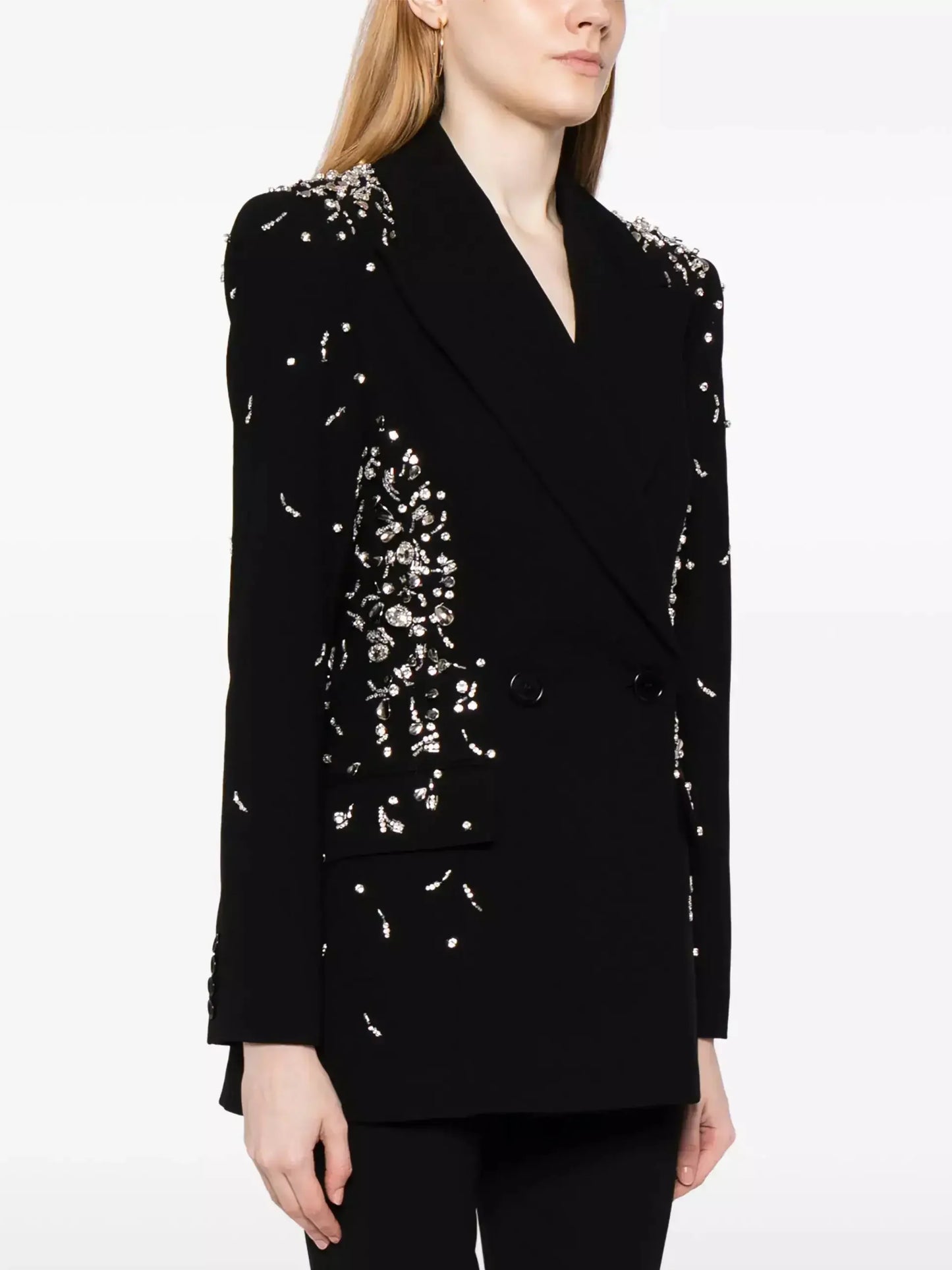 Crystal and Sequin-Embellished Double-Breasted Black Blazer - Jackets