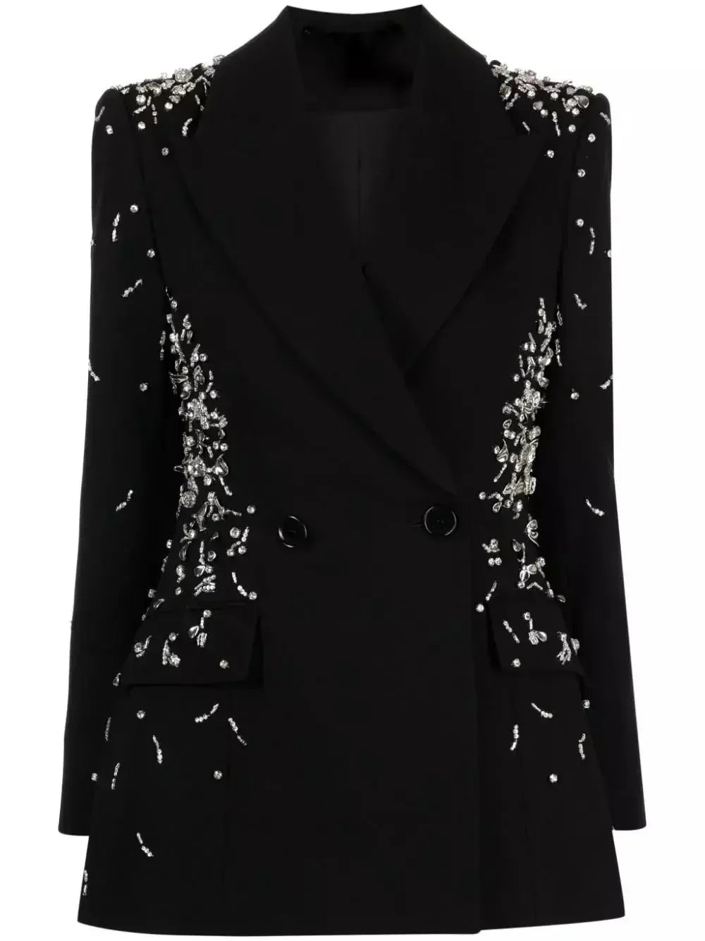 Crystal and Sequin-Embellished Double-Breasted Black Blazer - Jackets