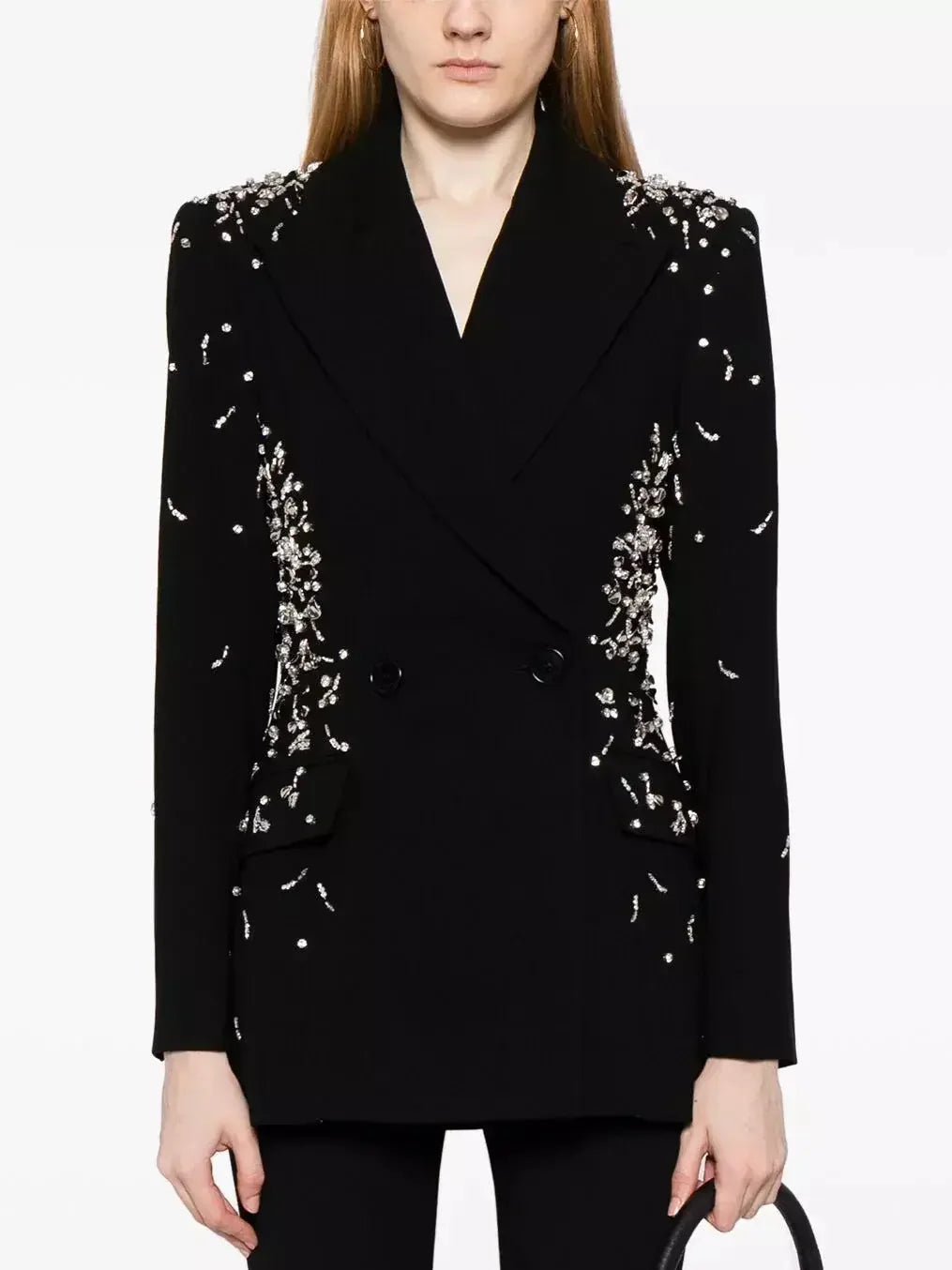 Crystal and Sequin-Embellished Double-Breasted Black Blazer - Jackets