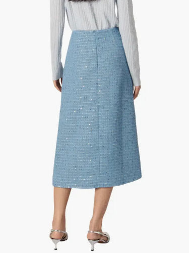 Light blue tweed midi skirt with crystal and sequin accents for stylish flair