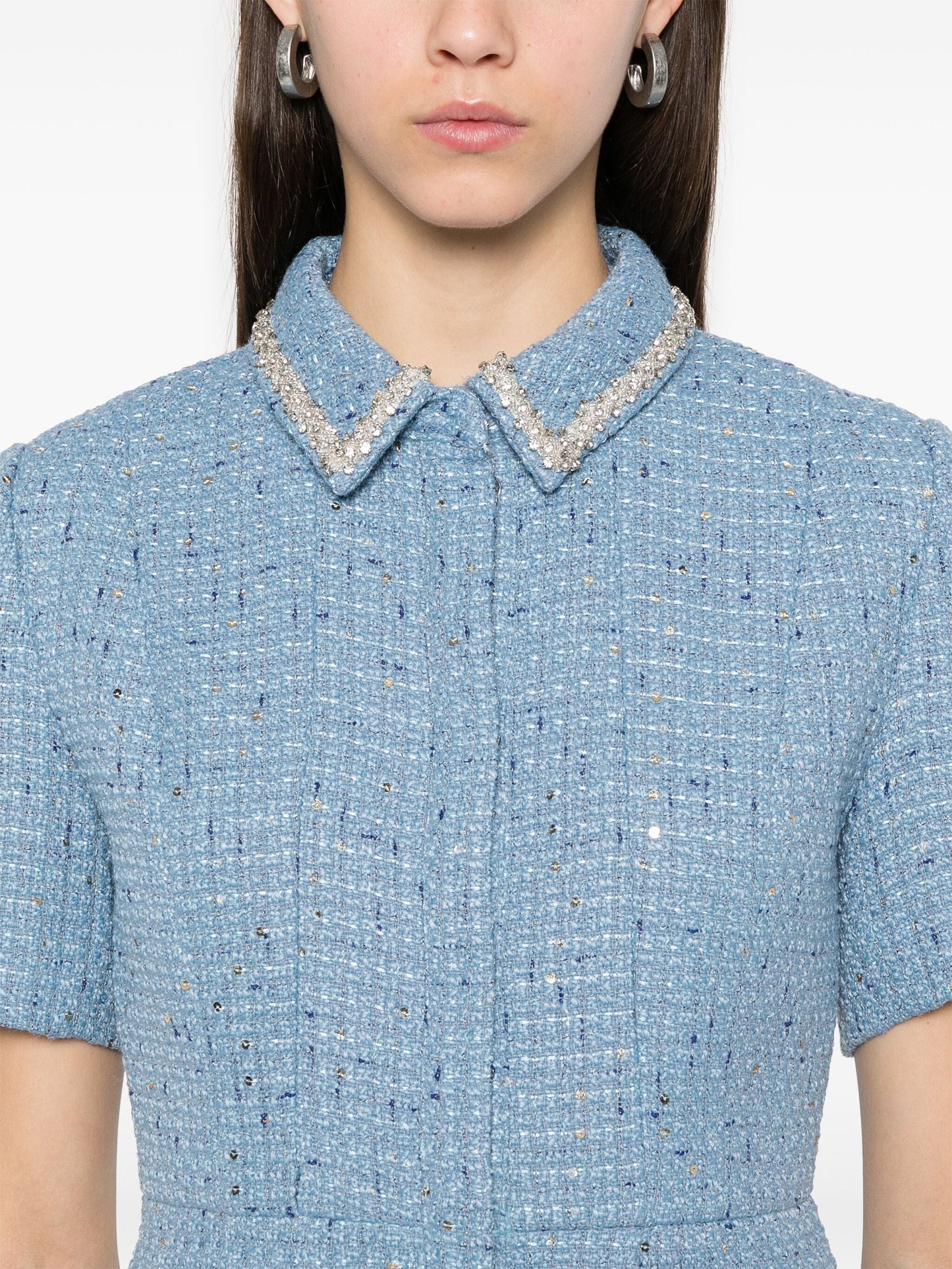 Blue sequin tweed mini dress featuring crystal embellishments for a chic look
