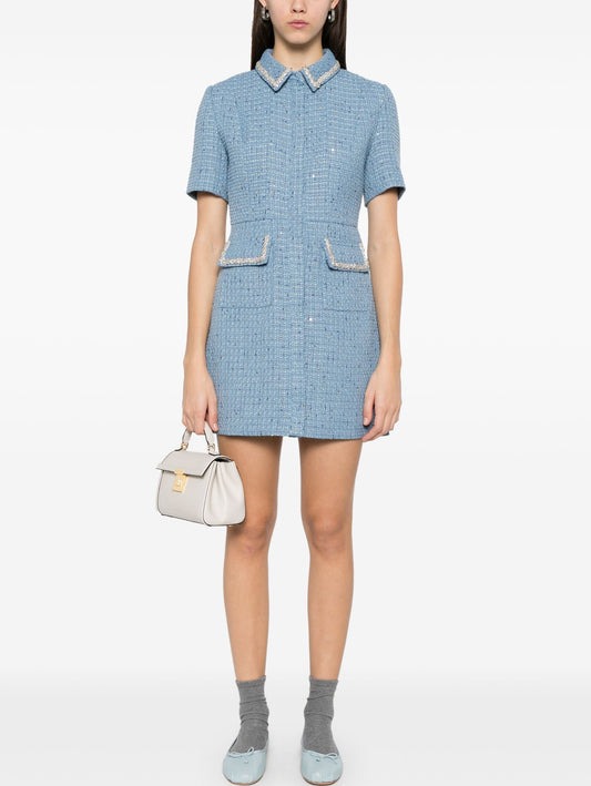 Crystal and Sequin Tweed Mini Dress featuring a stylish blue tweed mini dress design