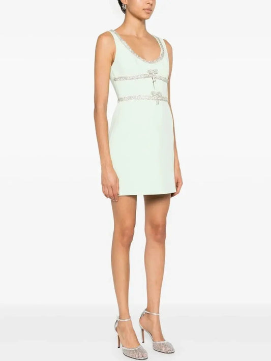 Crystal Bow Embellished Mint Green Mini Dress - Dresses