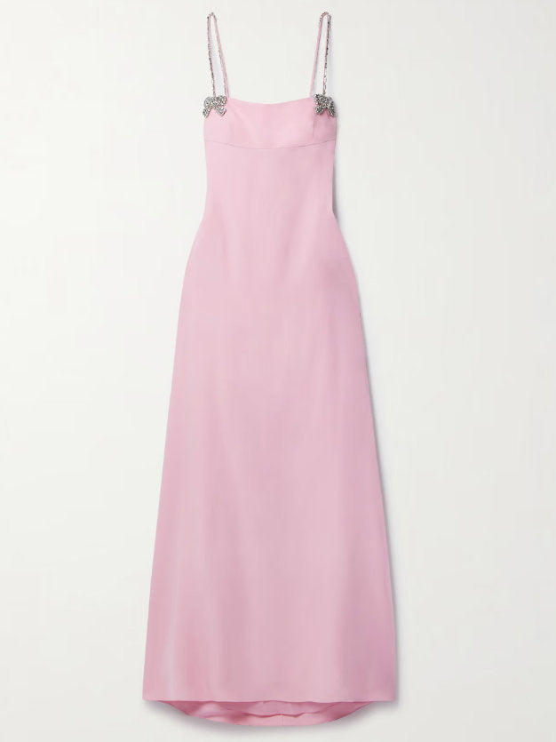Crystal Bow Long Pink Silk Crepe Gown - Dresses
