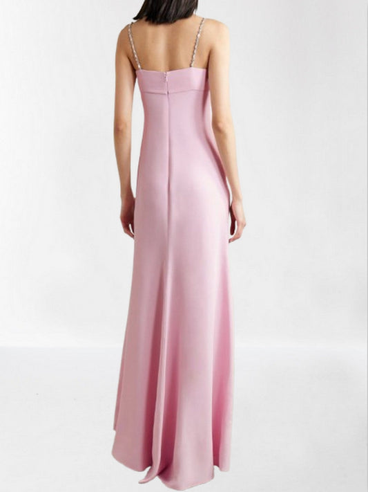 Crystal Bow Long Pink Silk Crepe Gown - Dresses