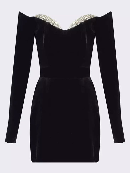 Crystal Bra-Cup Contrast Black Velvet Mini Dress - Dresses
