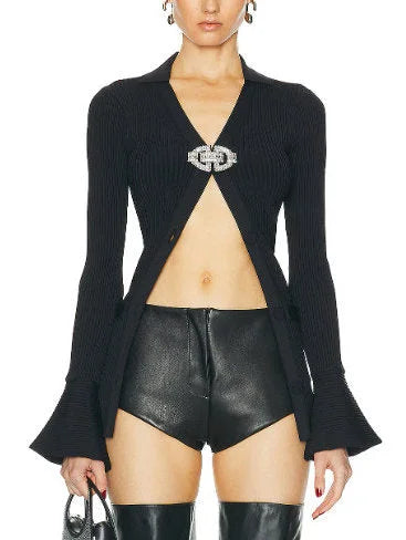 Crystal-Buckle Black Knit Cardigan - Sweaters & Knitwear
