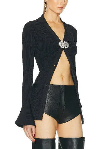 Crystal-Buckle Black Knit Cardigan - Sweaters & Knitwear
