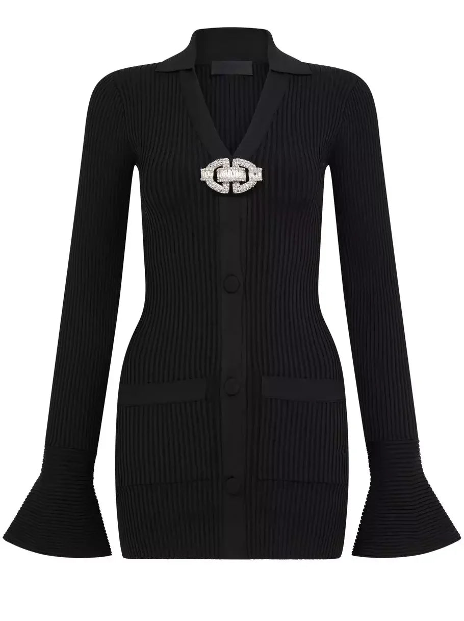 Crystal-Buckle Black Knit Cardigan - Sweaters & Knitwear