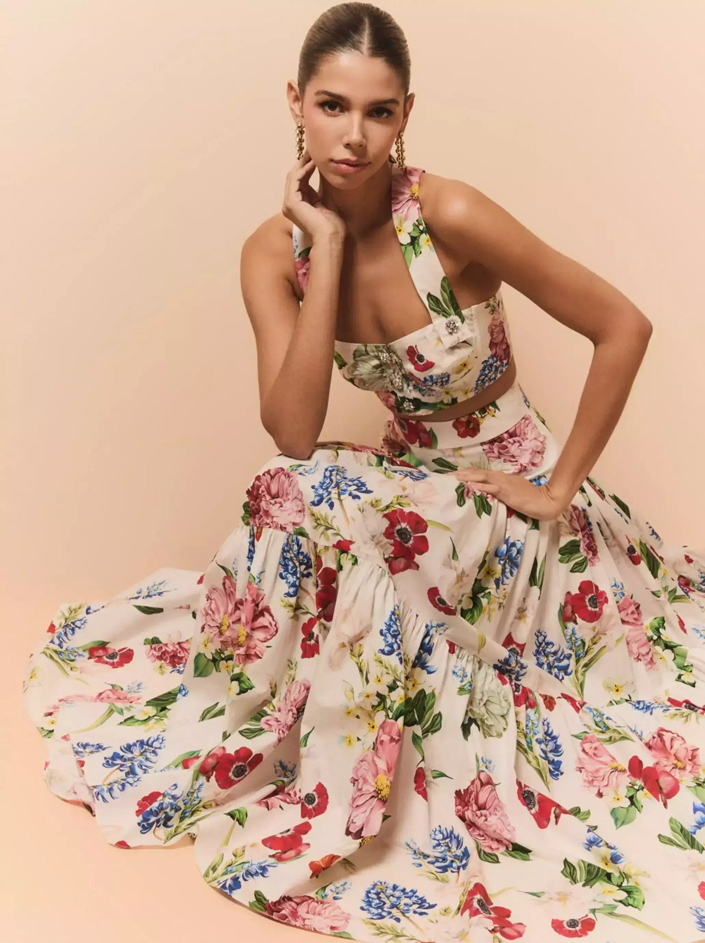 Crystal Button Floral-Print Bustier Crop Top - Tops