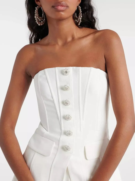 Elegant White Strapless Buttoned Dress from Crystal-Buttoned Long Corset Pant Set