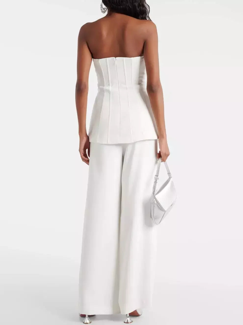 White strapless top and wide-leg pants from Crystal-Buttoned Long Corset Pant Set