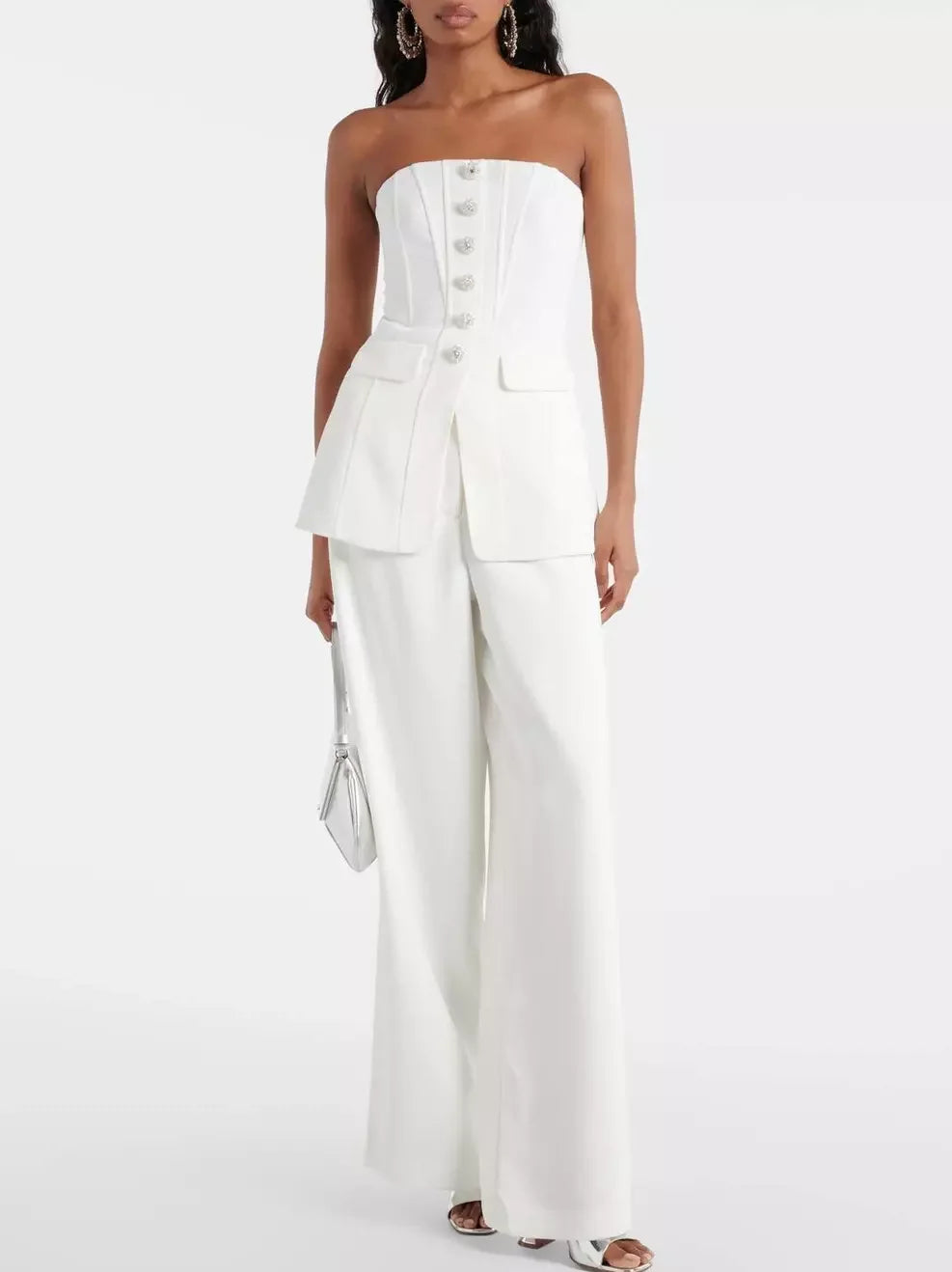 White strapless jumpsuit from Crystal-Buttoned Long Corset Top and Pant Set