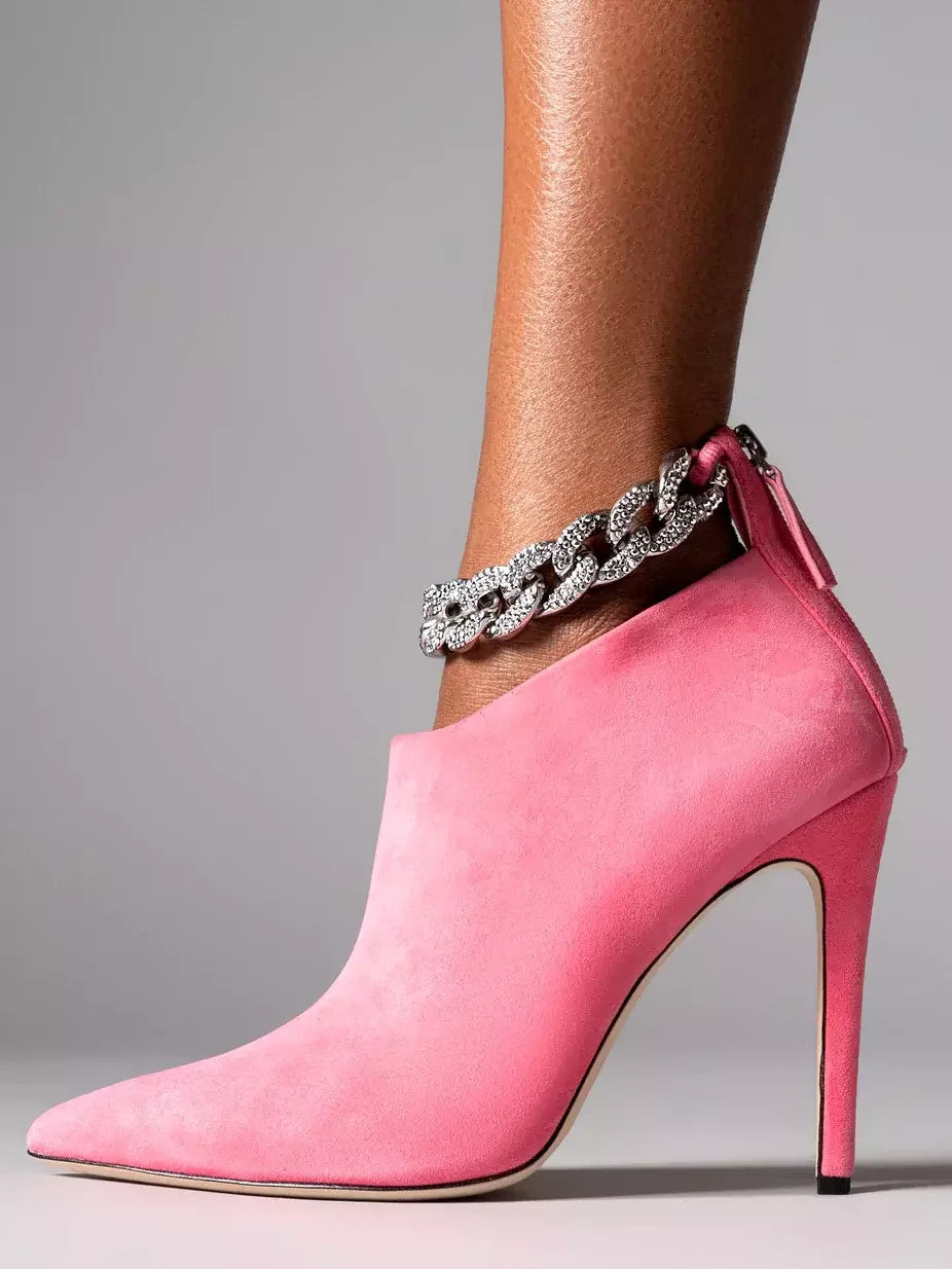 Crystal Chain High-Heel Suede Ankle Boots in Pink - Footwear