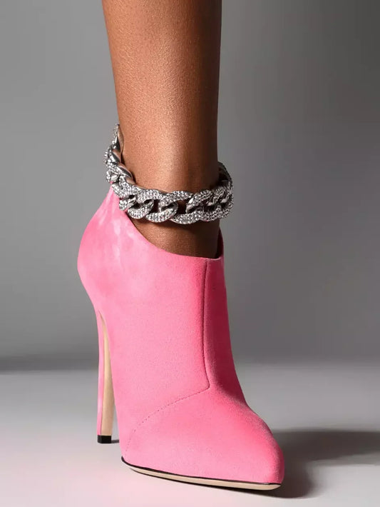 Crystal Chain High-Heel Suede Ankle Boots in Pink - Footwear