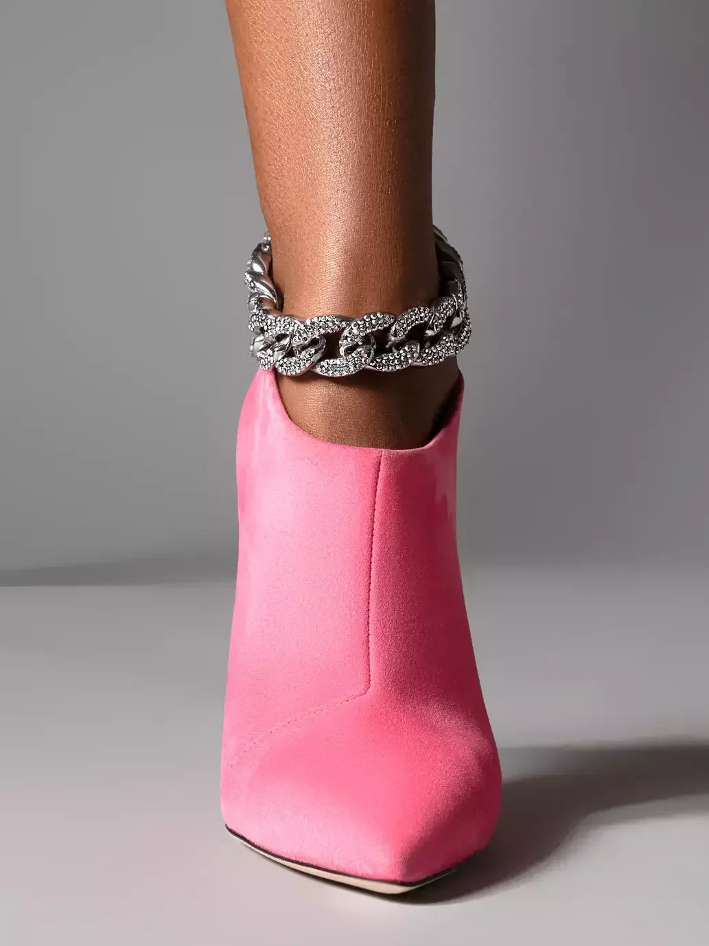 Crystal Chain High-Heel Suede Ankle Boots in Pink - Footwear