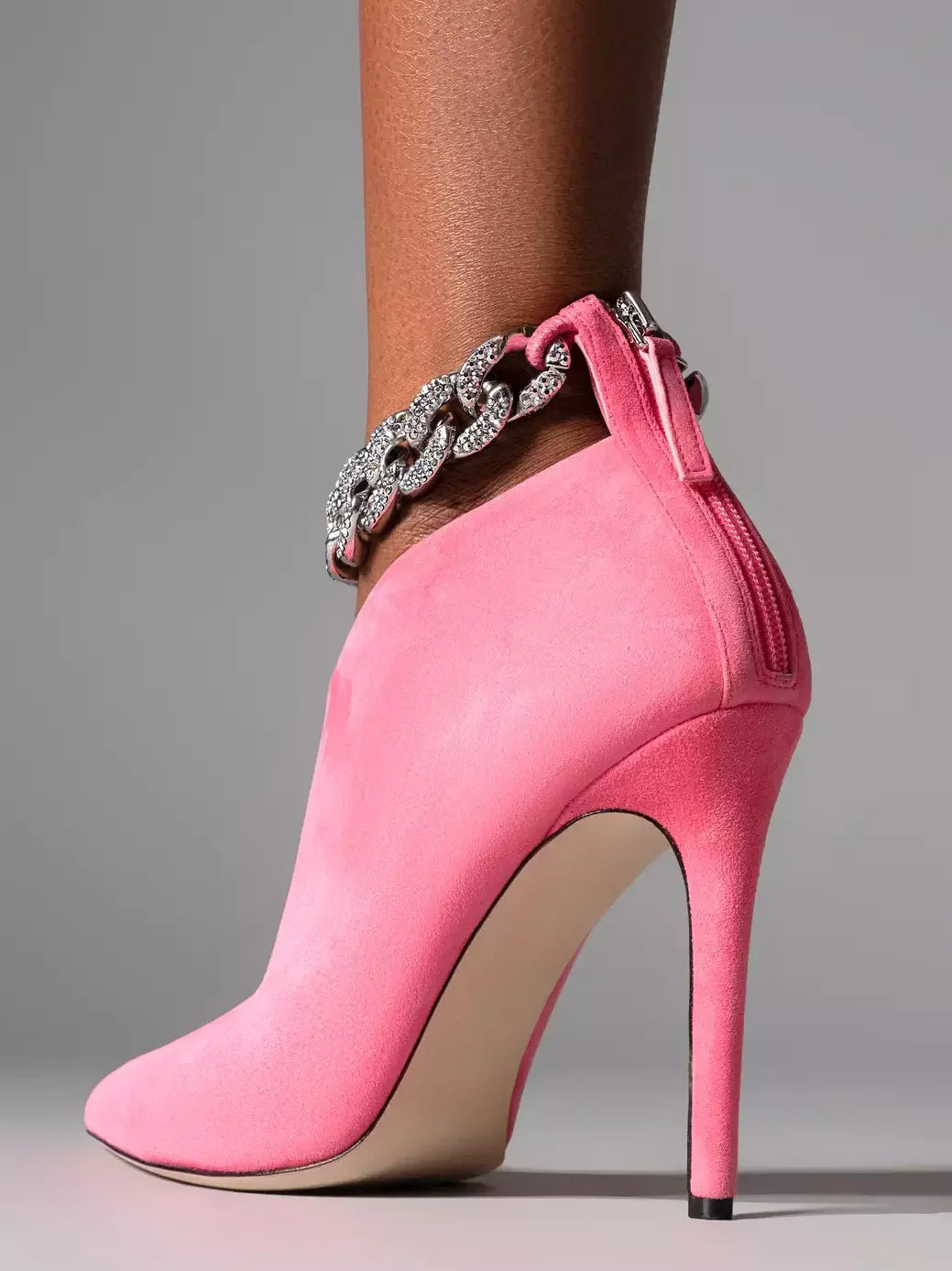 Crystal Chain High-Heel Suede Ankle Boots in Pink - Footwear