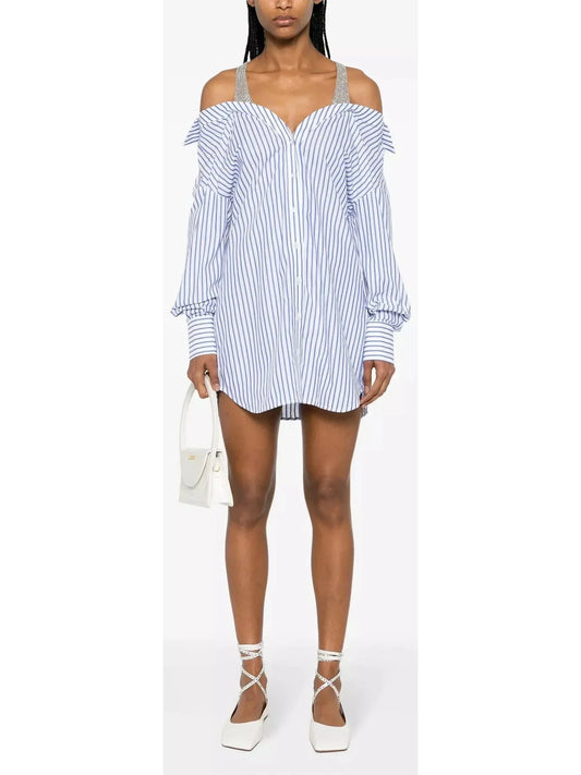 Crystal-Detailed Layered Striped Shirt Mini Dress - Dresses