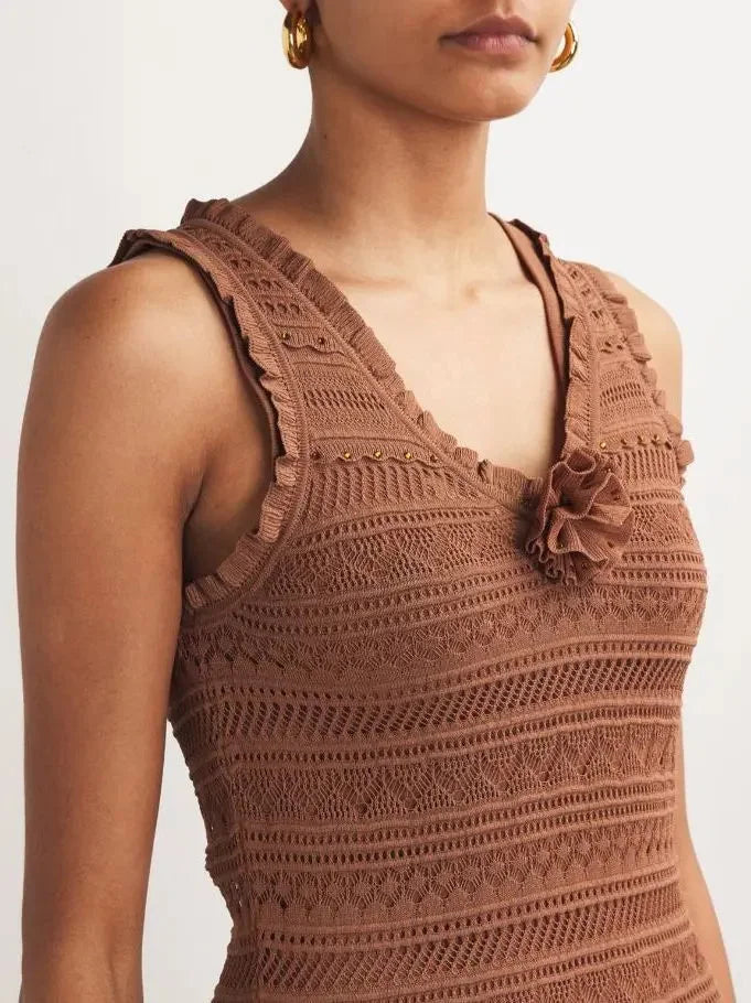 Crystal Detailed Rose-Applique Sleeveless Crochet Knit Maxi Dress - Dresses