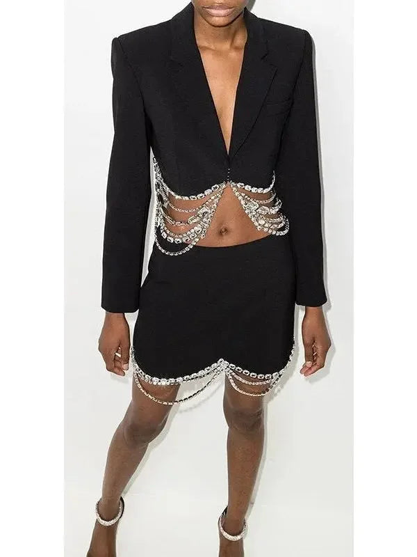Crystal Draped Cropped Jacket and Skirt Set Black - Suits & Sets