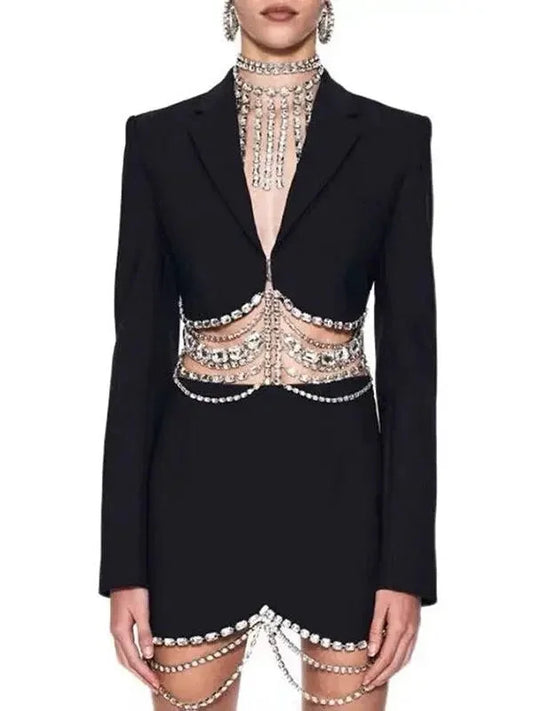 Crystal Draped Cropped Jacket and Skirt Set Black - Suits & Sets