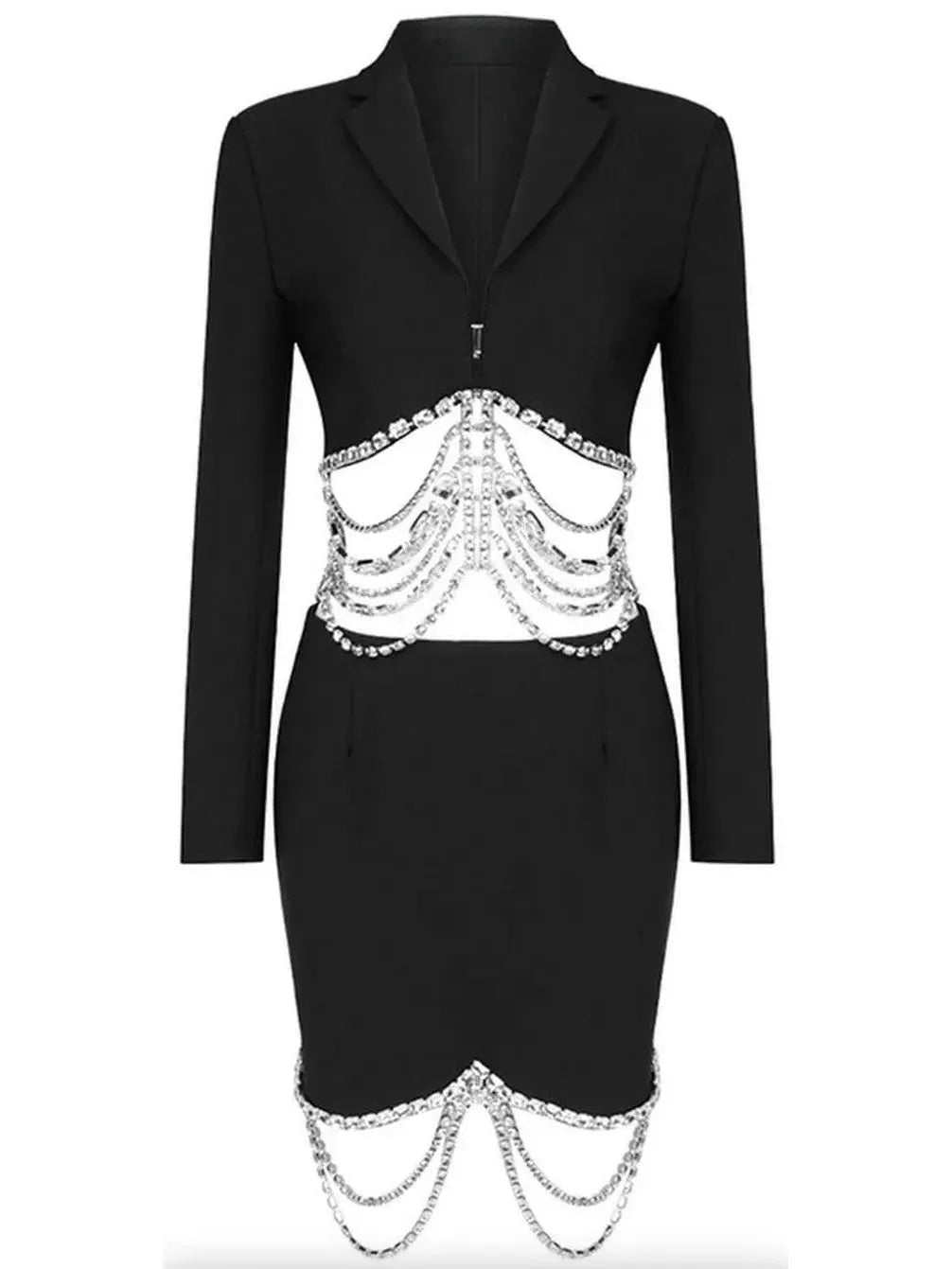 Crystal Draped Cropped Jacket and Skirt Set Black - Suits & Sets