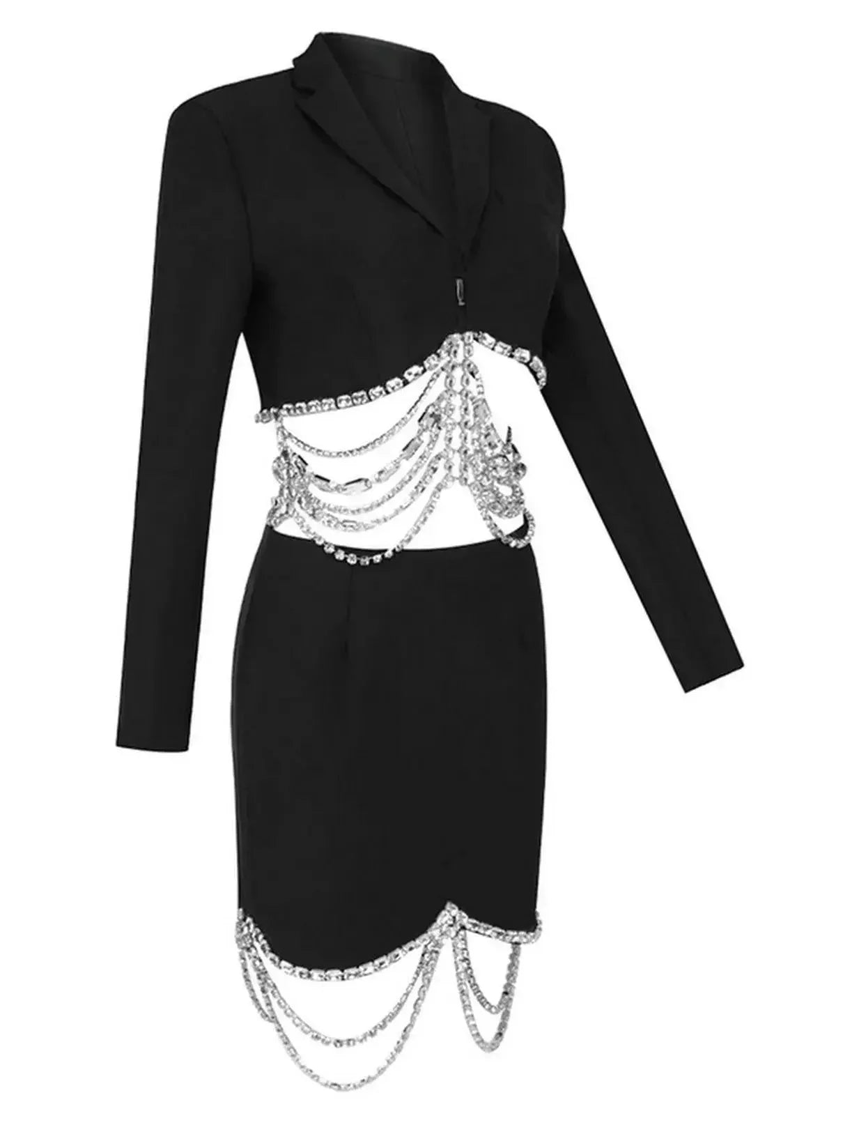 Crystal Draped Cropped Jacket and Skirt Set Black - Suits & Sets