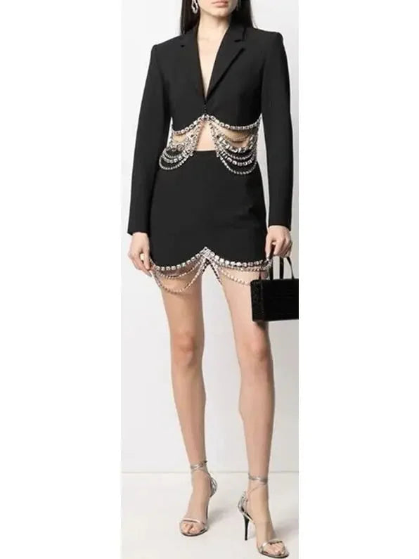 Crystal Draped Cropped Jacket and Skirt Set Black - s - Suits & Sets