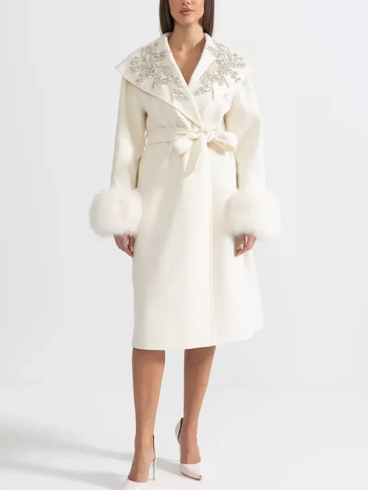 Crystal-Embellished Belted Wool Coat with Fur Cuffs in Ivory - Coats