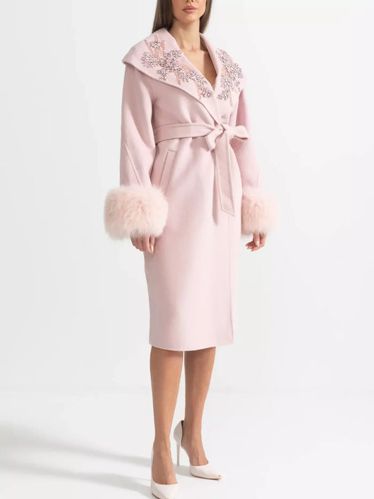 Crystal-Embellished Belted Wool Coat with Fur Cuffs in Pink - Coats
