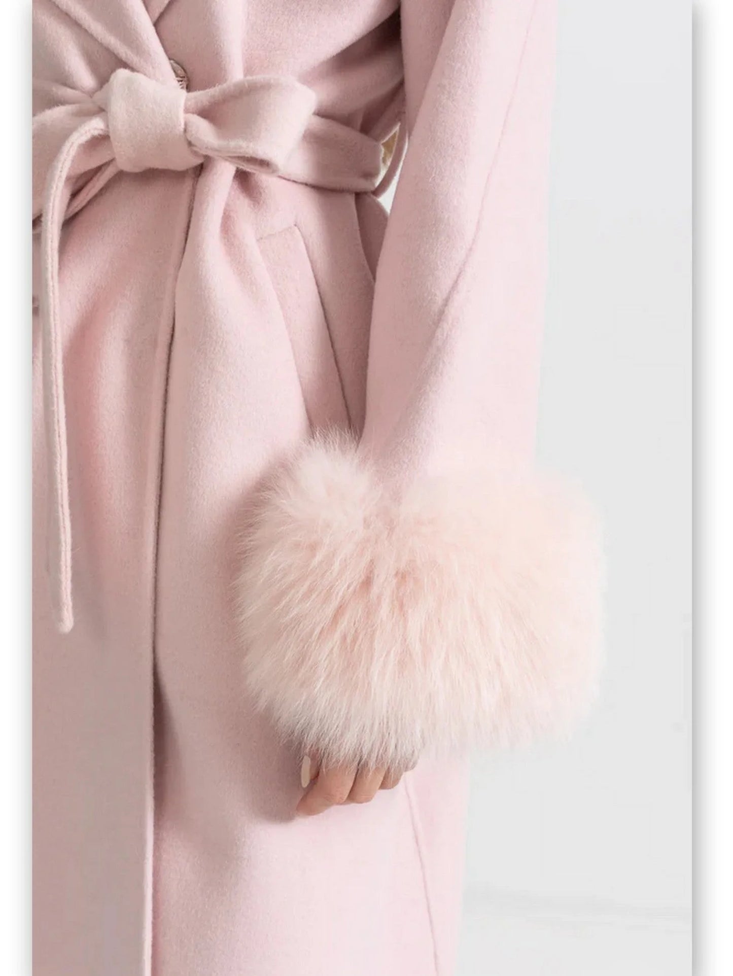 Crystal-Embellished Belted Wool Coat with Fur Cuffs in Pink - Coats