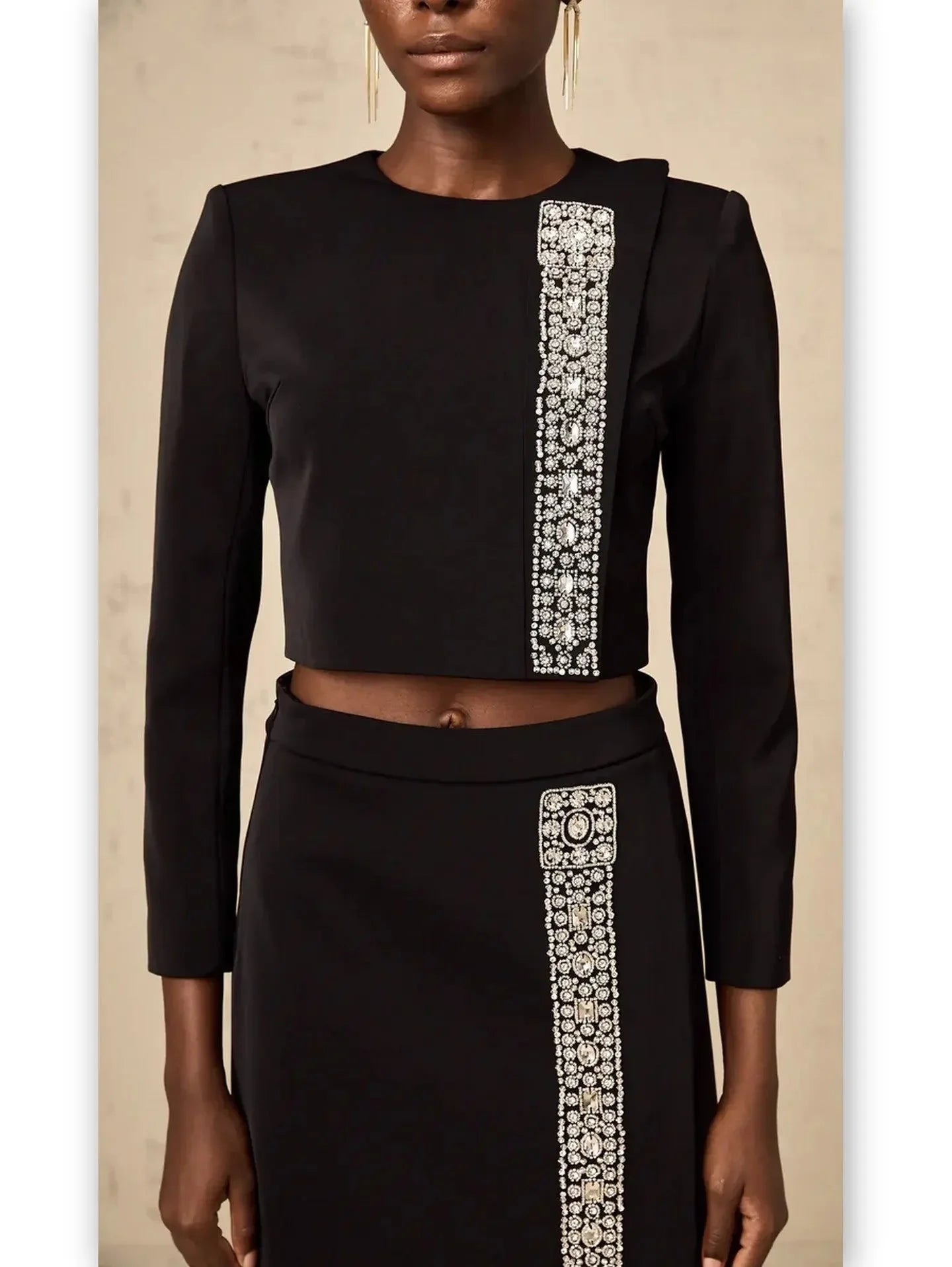 Crystal-Embellished Black Crop Top and Mini Skirt Set - Suits & Sets