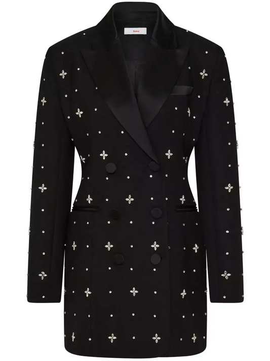 Crystal-Embellished Black Satin-Collar Long Blazer - Jackets
