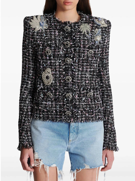 Crystal-Embellished Boucle Tweed Jacket - Jackets