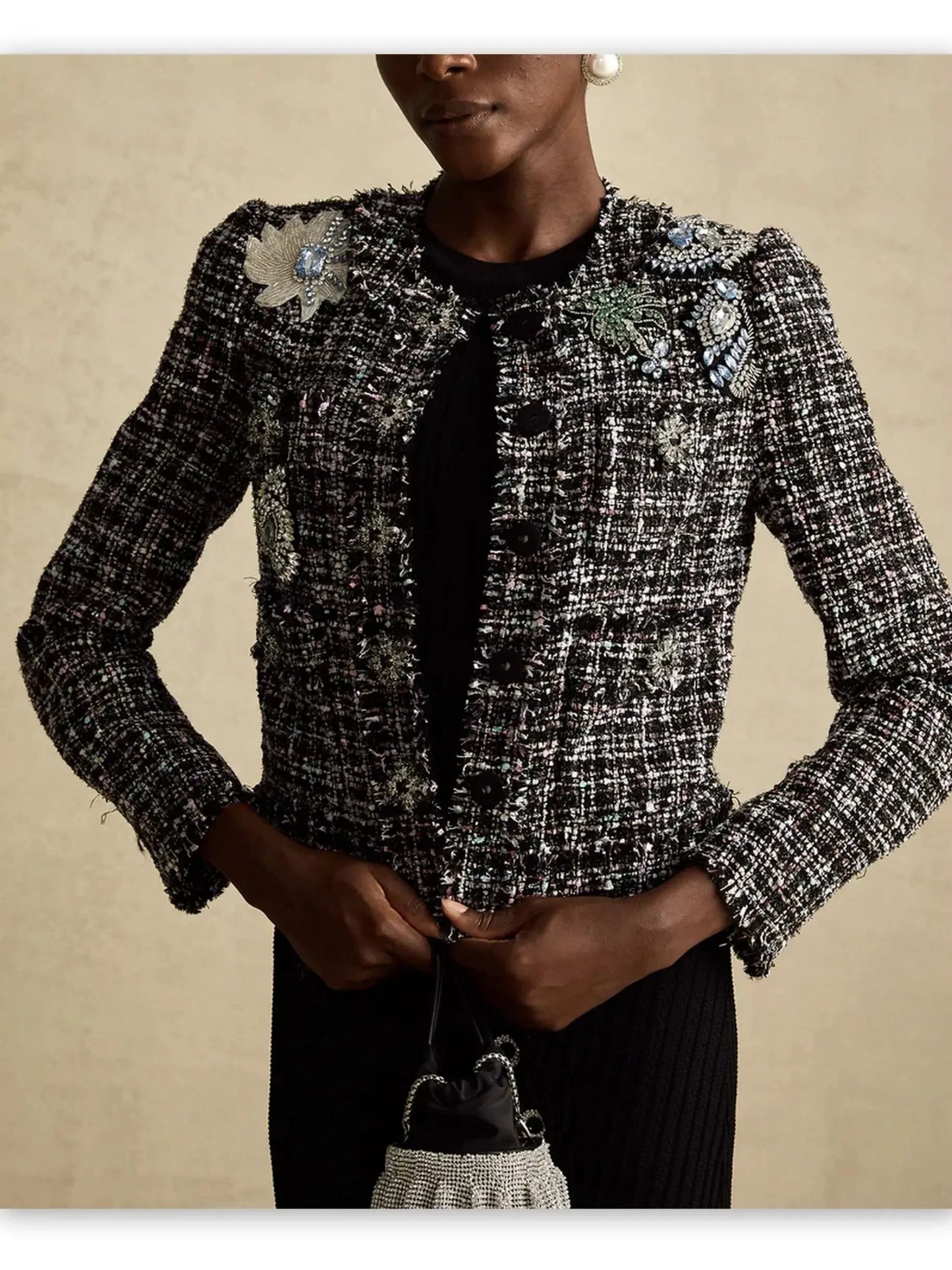 Crystal-Embellished Boucle Tweed Jacket - Jackets