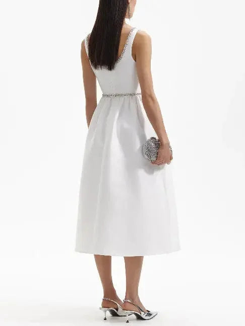 Crystal-Embellished Bow-Detail White Midi Dress - Dresses