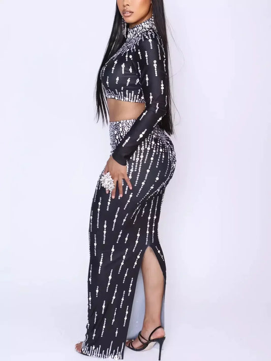 Crystal-Embellished Cropped Top and Skirt Set in Black or White - Suits & Sets