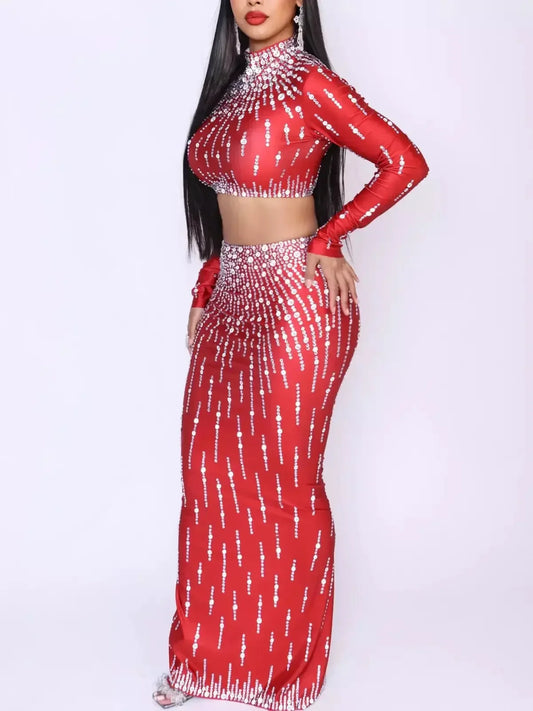 Crystal-Embellished Cropped Top and Skirt Set in Red - Suits & Sets