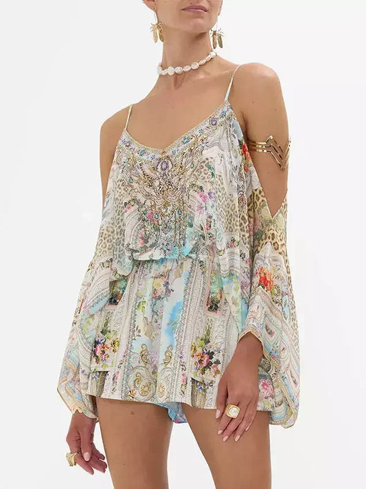 Crystal-Embellished Drop-Shoulder Printed Silk Playsuit - Suits & Sets