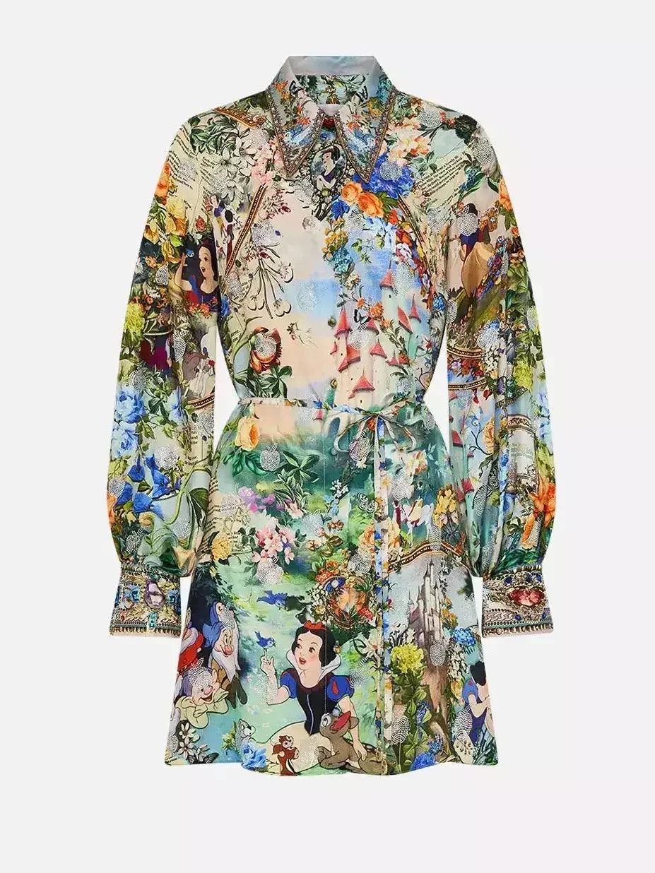 Crystal-Embellished Fairy Tale and Floral Printed Mini Shirt Dress - Dresses