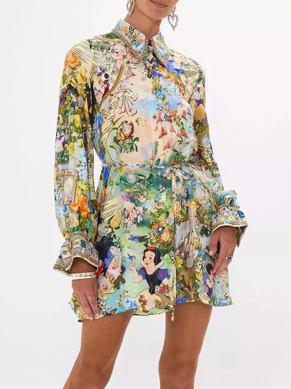 Crystal-Embellished Fairy Tale and Floral Printed Mini Shirt Dress - Dresses