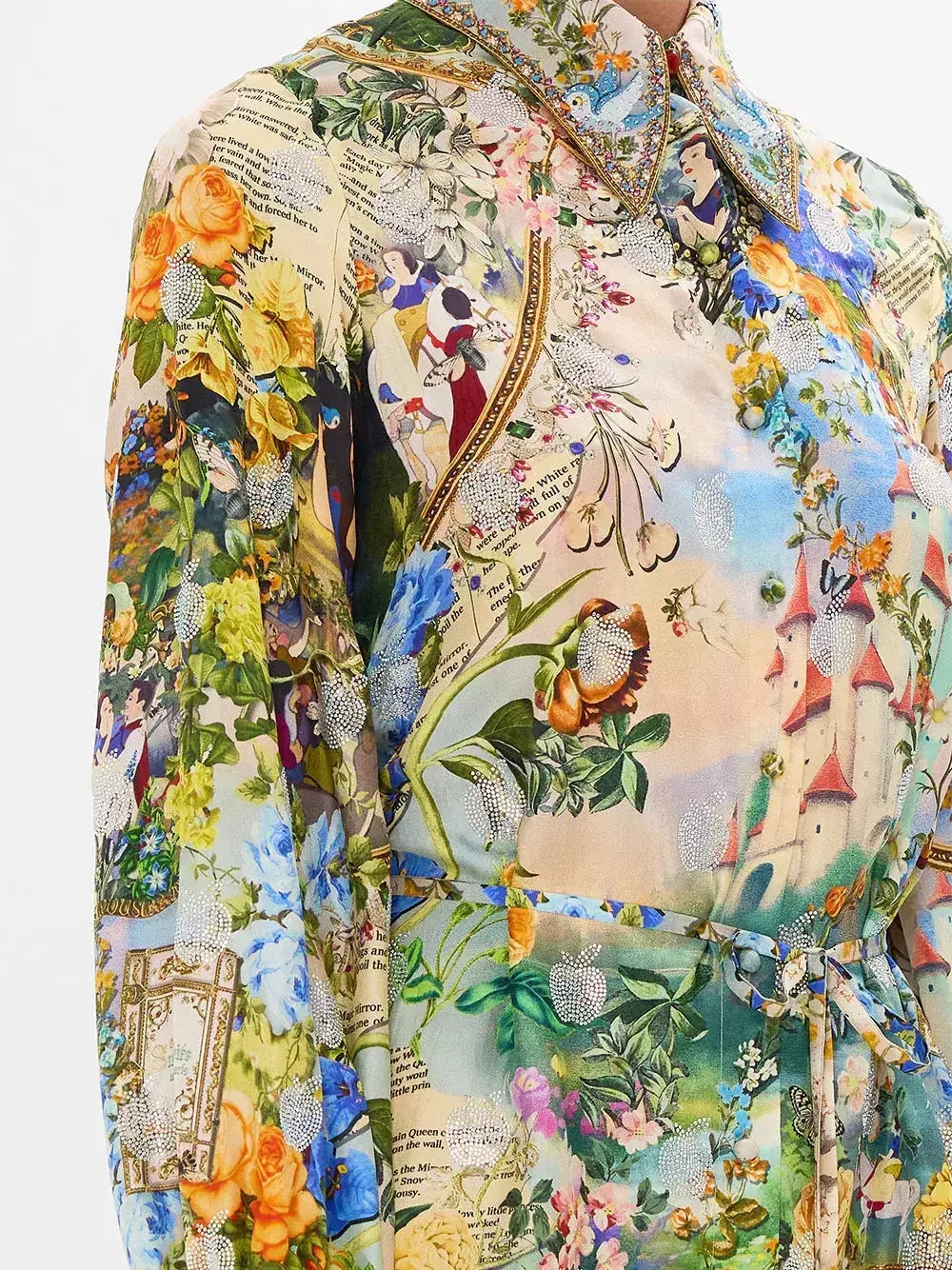 Crystal-Embellished Fairy Tale and Floral Printed Mini Shirt Dress - Dresses